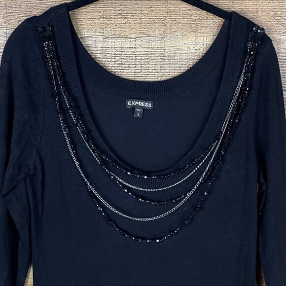 Express Long Sleeve Sweater Dress Attached Beaded Necklace Black Size Small - Picture 3 of 9